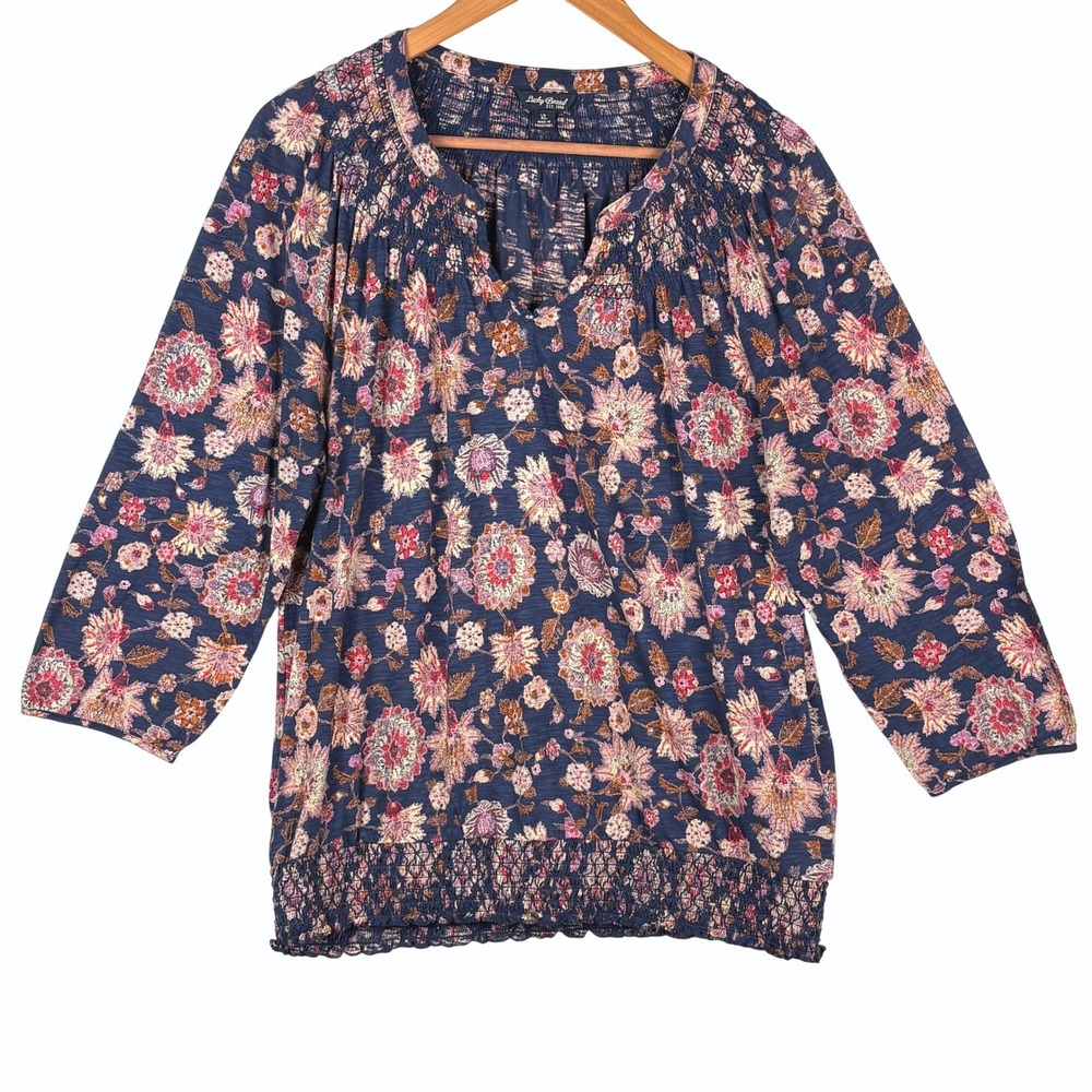 Lucky Brand Women 3/4 Sleeve Floral Peasant Top XL Navy Smocked Boho Everyday